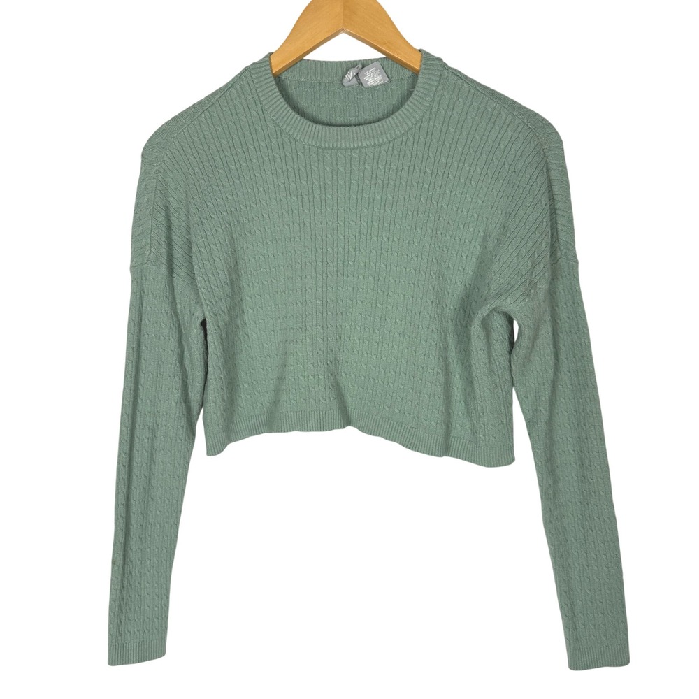 Sky & Sparrow Green Cable Knit Cropped Crewneck Sweater XS indie fall cozy